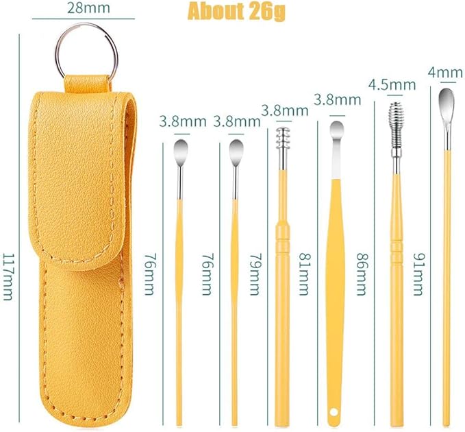 6 Pcs Ear Pick Earwax Removal Kit, Cleansing Tool Set, Curette Cleaner, 360degree Spiral Design Canal Cleaner Stainless Steel,with a Storage Box Portable Kit (Yellow), 11.7x2.8x2cm