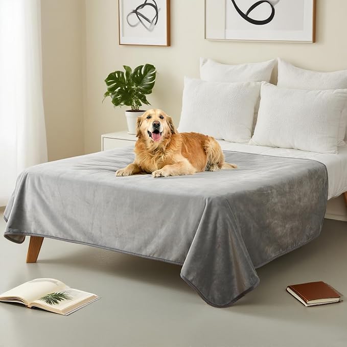 Waterproof Dog Blankets Light Grey Pet Blanket 60"x80", Soft Fluffy Sofa Car Bed Protector, Reversible Leakproof Flannel Washable Dog Blanket for Large Dogs