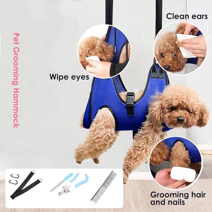 Dog Grooming Hammock, Helpful Hammock for Nail Trim, Restraint Sling for Nail Clipping, Grooming Hammock for Dog Pet to Nail Trimming (Blue, S)