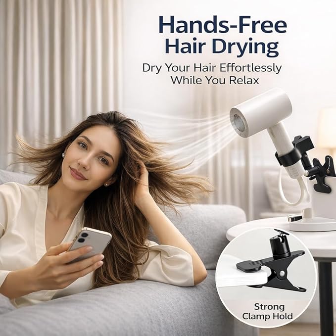 360 Degree Rotating Hands Free Hair Dryer Holder Sturdy Metal Base and Strong Clamp Adjustable and Flexible Blow Dryer Stand for Easy Styling Stable and Easy Installation