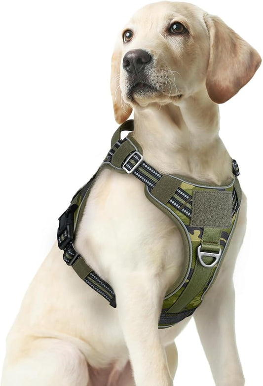 rabbitgoo Dog Harness Medium Sized No Pull, Tactical Service Pet Vest with Molle and Control Handle, Adjustable and Reflective Military Harness for Easy Walking and Training, Green Camo, M