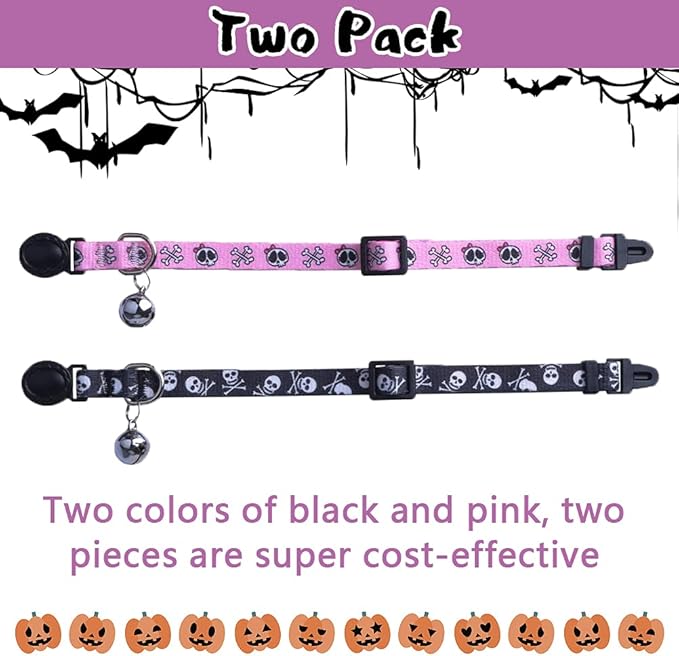 PUPTECK Cat Collar Breakaway with Bells, Kitten Collar Outfit Adjustable for Girl Boy Small Pet Puppy Bunny, Cute Costume Accessory with Safety Release Buckle (Skull)