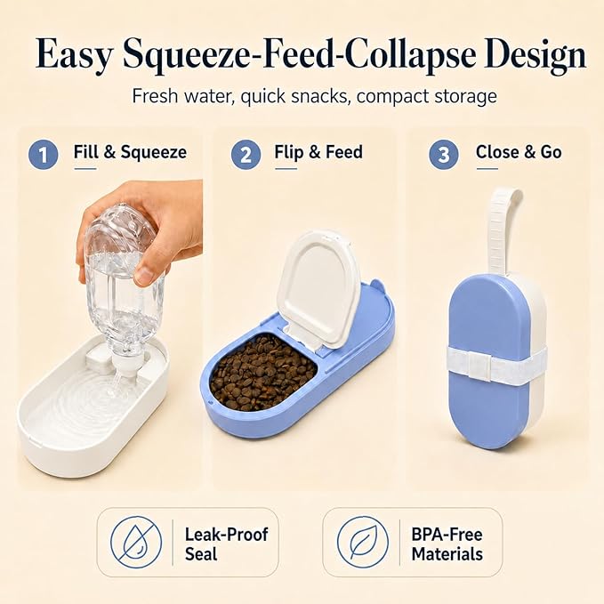 Portable Pet Bowl with Water Bottle and Food Container | Leak-Proof Collapsible Dog Cat Travel Feeder for Outdoor Adventures, Hiking, and Camping (Blue)
