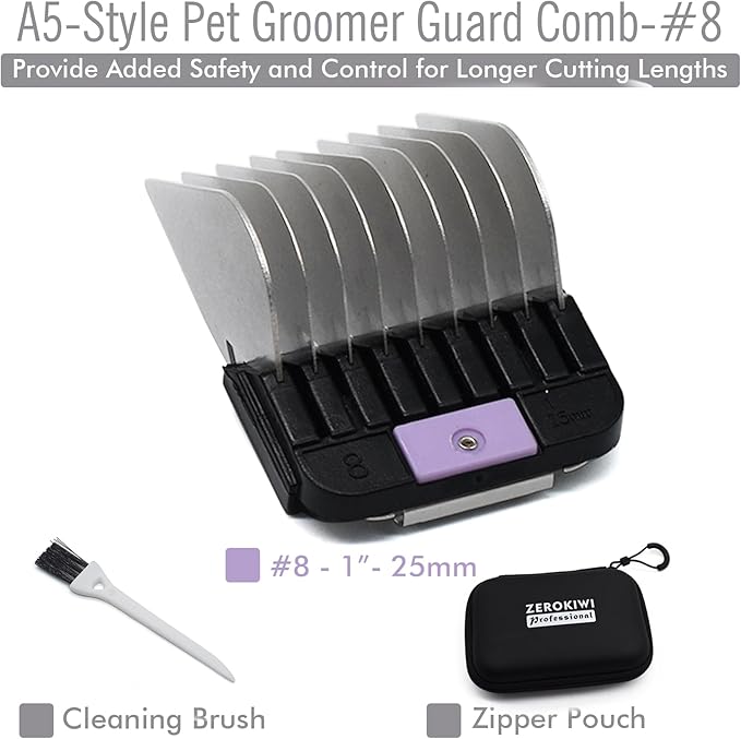 Professional A5-Style Animal Clipper Stainless Steel Color-Coded Snap-on Attachment Guard Guide Comb, 1/8"-1" Compatible with Wahl KM Series Oster A5 Andis Detachable Blade Pet Dog Groomers (#8-1")