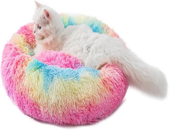 Small Dog Bed for Small Dogs, Washable Donut Cat Beds for Indoor Cats, Ultra-Soft Plush Calming Bed for Kittens & Puppies Up to 6.6lbs, Anti-Slip Bottom, Rainbow,13",Shag Faux Fur
