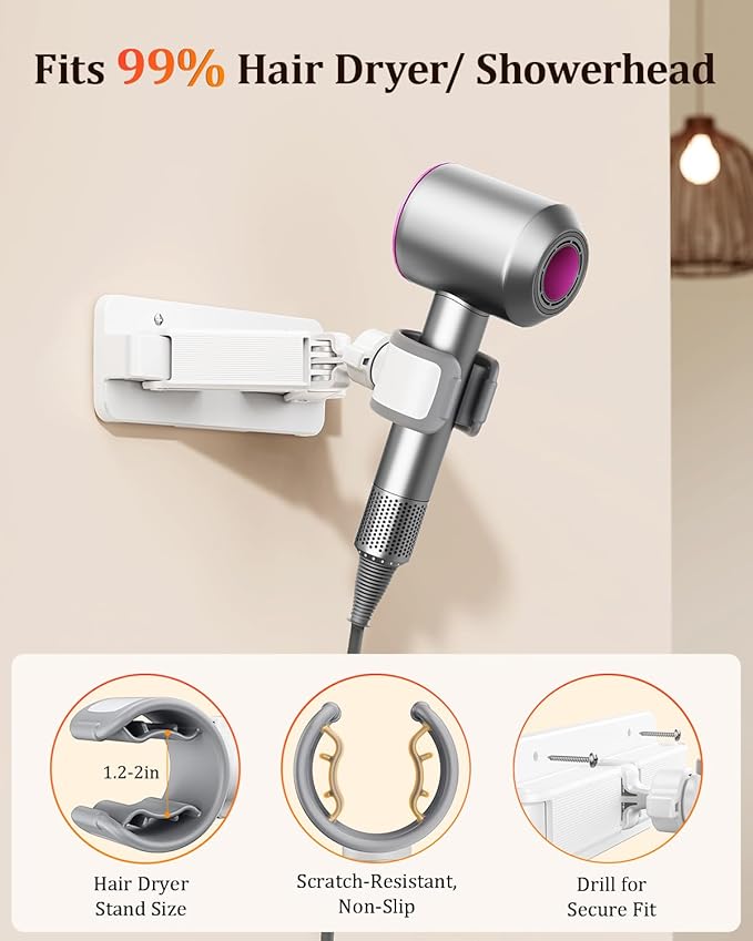 Sliding Hair Dryer Holder Stand Wall Mounted, Angle-Adjustable Blow Dryer Stand with Adhesive & Screw Mounting, Hair Dryer Stand Hands Free for Vanity, Bathroom, Salon (Sliding Type)