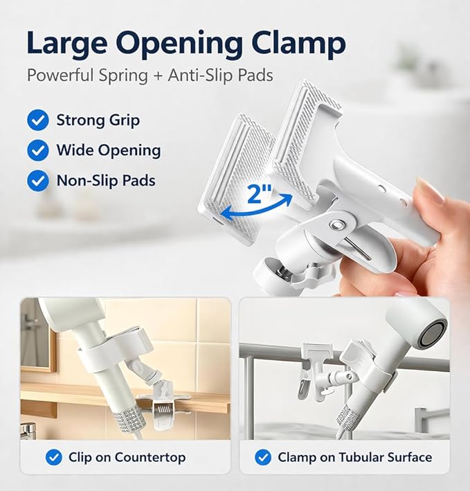 Hands Free Clamp Hair Dryer Holder with Strong Grip, 360° Flexible Gooseneck Blow Dryer Stand, Portable Clip-On Hair Dryer Holder for Styling & Pet Grooming, Table Counter Home Salon, White
