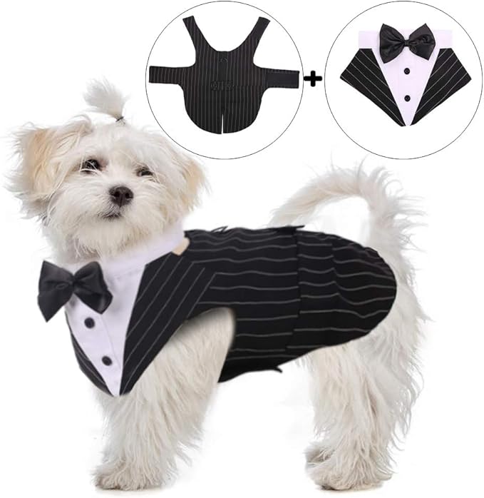QBLEEV Dog Tuxedo Suit with Bow Tie, Formal Dog Tux Costume and Bandana Set for Wedding Outfit Birthday Party Cosplay Photo Shoot, Doggy Prince Attire for Golden Retriever Husky Border Collie