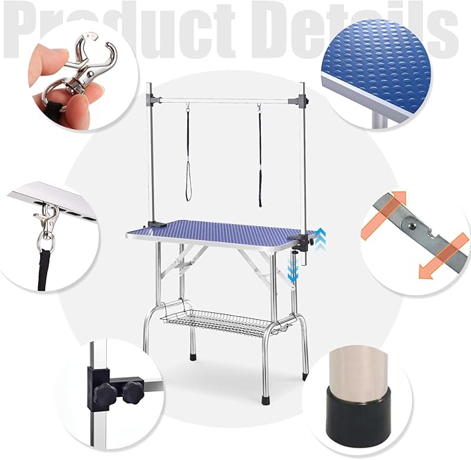 36 Inch Professional Adjustable Pet Grooming Table Heavy Duty with Arm Noose & Mesh Tray for Dog Cat Shower Table Maximum Capacity Up to 265Lb, Blue