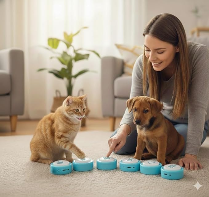 Rechargeable Cat Talking Buttons (6-Pack), 200g Easy-Press for Small Dogs & Cats Communication, Recordable Buttons for Pet Voice Speech, 24s Clear Audio, Stickers & Gift Box - Blue