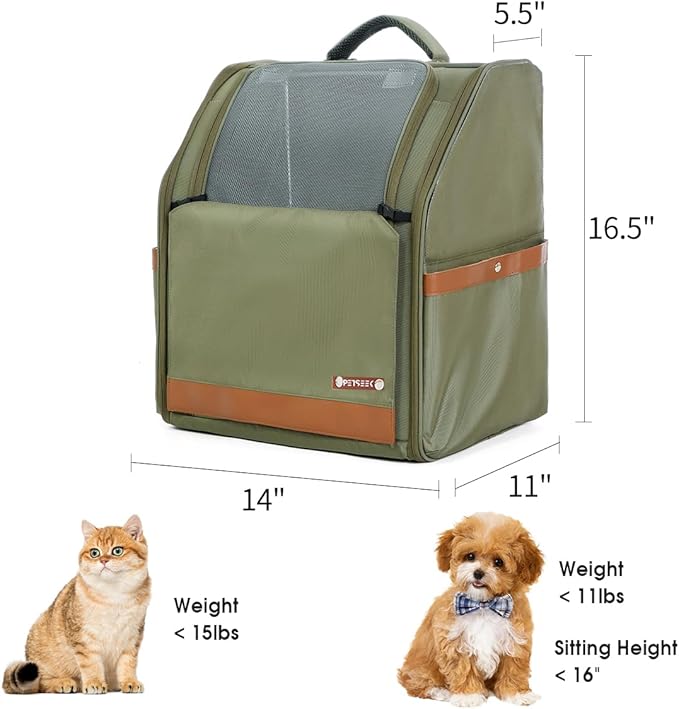 Large Cat Carrier Backpack, Shaded Small Dog Backpack with Breathable Mesh, Soft Side Safety Pet Backpack for Hiking, Travel, Outdoor, Green
