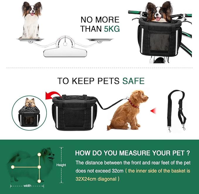ANZOME Dog Bike Basket, Folding Front Pet Carrier for Small Dogs Cats Up to 11 lbs, Quick-Release Bicycle Basket with Safety Tether, Fits Mountain City Cruiser Bikes, Detachable Handlebar Bag