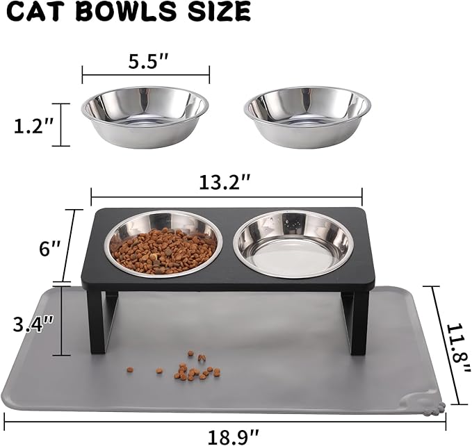 2Pack Elevated Cat Bowls with Food Mat,15°Tilted Stand Anti Vomiting Raised Cat Dishes for Food and Water,2 Stainless Steel Bowls for Cats and Puppy,Black