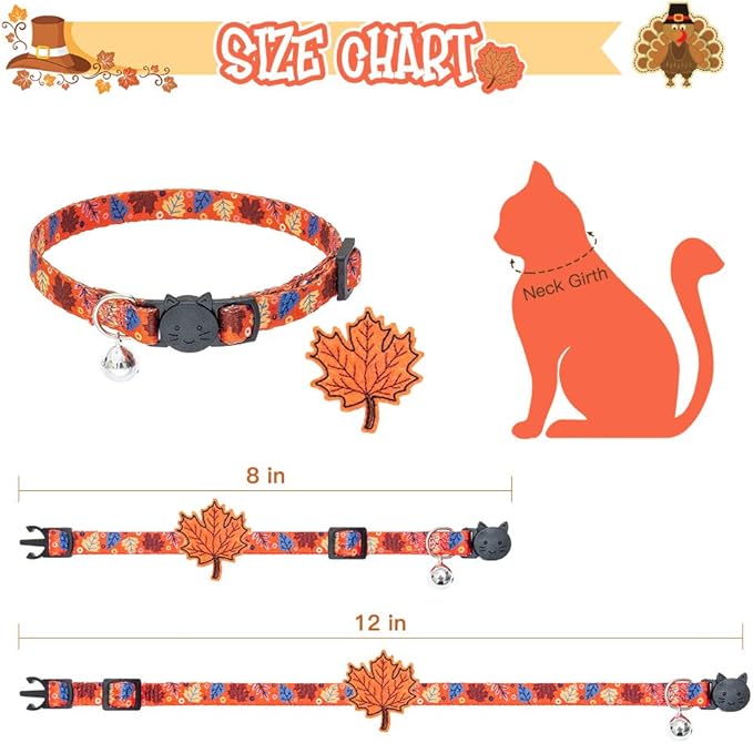 PUPTECK Cat Collar Breakaway with Bells, Kitten Collar Outfit Adjustable for Girl Boy Small Pet Puppy Bunny, Cute Costume Accessory with Safety Release Buckle (Sticker-Thanksgiving)
