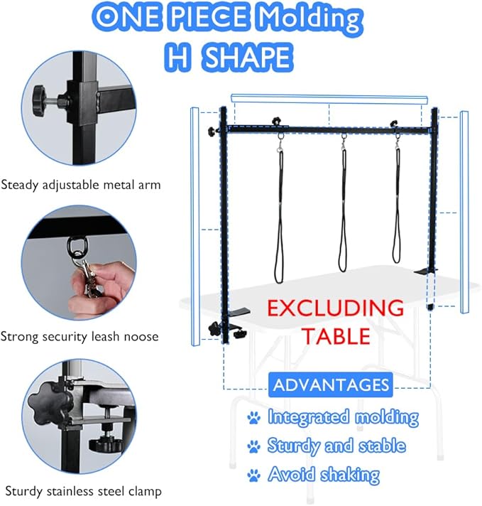 LEIBOU H-Shape Dog Grooming Arm Pet Supplies Grooming Table Arm with 3 Noose and Clamp Heavy Duty Aluminum Alloy Frame with 35.4” Adjustable Height and 36.2” ~ 50” Adjustable Width Dog Grooming Kit