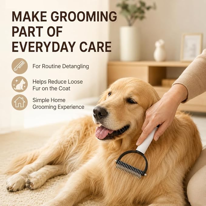 Double Sided Dematting Comb for Cats & Dogs, Gentle Matt Remover Detangler for Tangles, Knots and Loose Fur, Ergonomic Grooming Brush for Long Thick Haired Pets