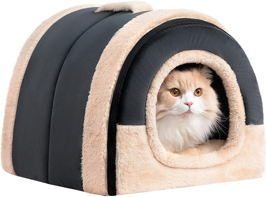 Hollypet Cat Bed Self-Warming 2 in 1 Foldable Kitty Cave Hut House Nest Pet Sleeping Bed, Crystal Velvet Pet Condo for Indoor Cats, Dark Gray Arched Cave