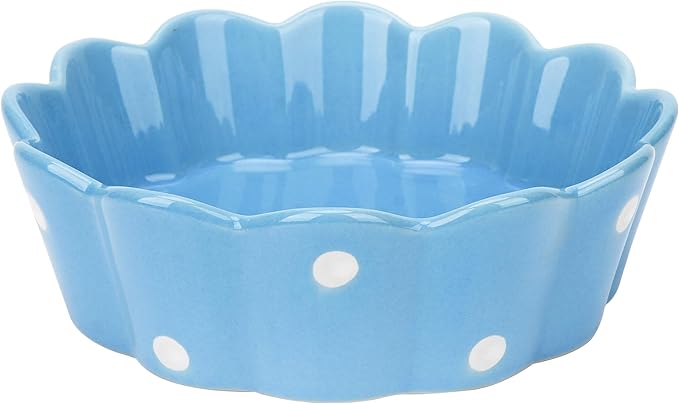Ceramic Cat Bowl, Scalloped Edge with White Polka Dots – Pet Feeding Dish with Anti-Slip Base for Cats and Small Dogs, Blue
