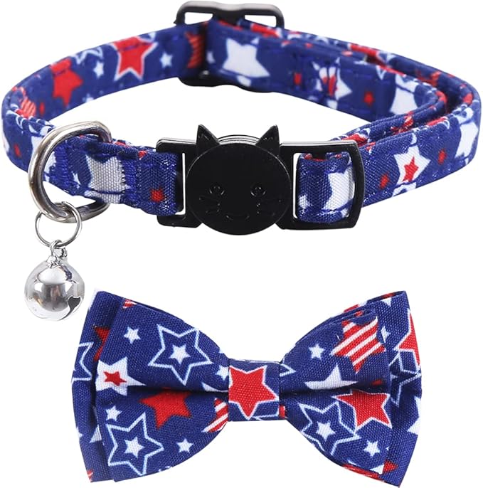 2 Pack American Flag Cat Collar with Bell Bow Tie Star Breakaway Adjustable for 4th of July Independence Day