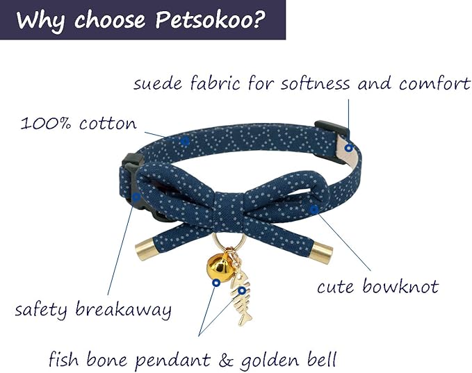 Cute Bowtie Cat Collar with Bell. Japanese Stylish Bowknot & Fish Charm. Safety Breakaway, Soft, Lightweight, for Girl Boy Male Female Cats Kitten,Navy Blue