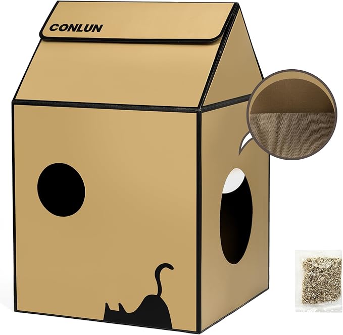 Conlun Cardboard Cat House with Scratch Pad & Catnip, Cat Play Scratching House for Indoor Hideaway Furniture, Heavy Duty Sturdy Cardboard Scratcher, Easy to Assemble Birthday Gift, Medium