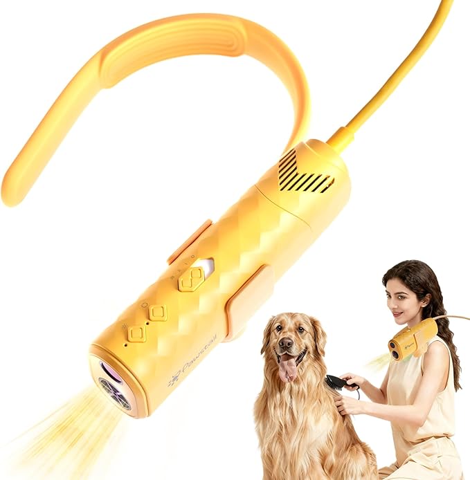 Dog Dryer for Pet Grooming,Pet Neck-Hanging Hair Dryer,Alternating Hot and Cold Airflow.Handheld & Hands-Free.Low-Noise, Ultra-Lightweight.High Wind Speeds.Adjustable Heat & Speed Yellow