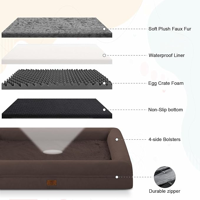 Orthopedic Dog Beds for Large Dogs, Washable Dog Bed with 4-Sides Removable Bolster, Waterproof Pet Bed with Removable Cover and Non-Slip Bottom, Brown