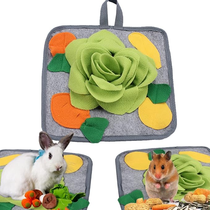 Abizoo Rabbit Toy Multifunction Foraging Mat,Polar Fleece11.8''x11.8'' Machine Washable Snuffle Mat Pad Interactive Fun Consume Energy for Chinchillas Guinea Pig Cage Accessories Bunny Treats Toys