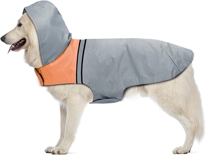 Dog Raincoat with Reflective Strips | Ultra-Light Breathable Waterproof Jacket with Adjustable Hood - Suitable for Small, Medium & Large Dogs (Grey, XXL)