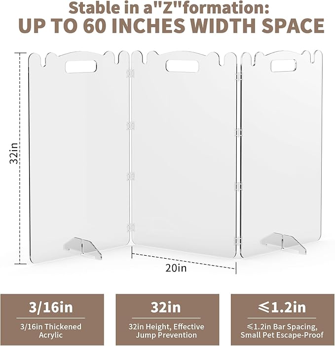 Clear Acrylic Dog Pet Gate - 99% Transparency Gentle Bond Seamlessly with Home - 32in Tall Foldable Freestanding No-Drill Tool-Free Assembly - for Small to Large Dogs Cats Indoor Stairs Doorways