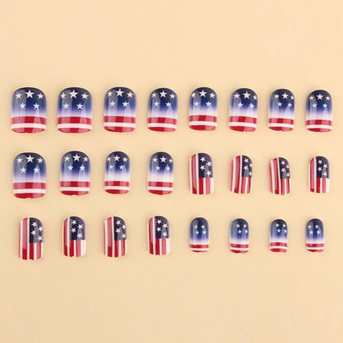 yefiuo 4th of July Press on Nails Short Square Stripe French Fake Nails Press ons Flag Acrylic False Nails Glue on Nails Reusable Nail Tips Kit Full Cover Stick on Nail Supplies for Women Girls 24Pcs