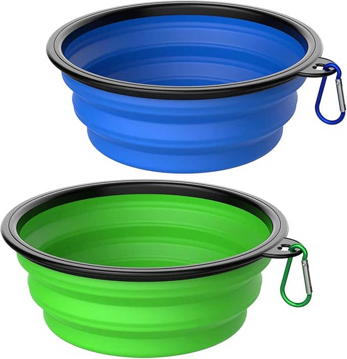 Collapsible Dog Bowls [2 Pack] 20 oz, Travel Dog Bowls, Pet Bowl Portable Foldable Water Food Feeding Dishes with Carabiner Clip for Traveling Hiking Walking-Green & Blue