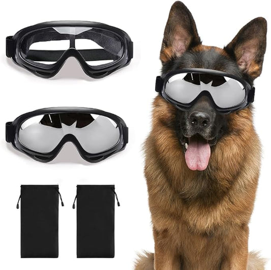 2 PCS Dog Goggles, Dog Sunglasses for Medium & Large Breed, Anti-UV Eye Protection Pet Glasses for Outdoor Hiking (Silver and Clear)
