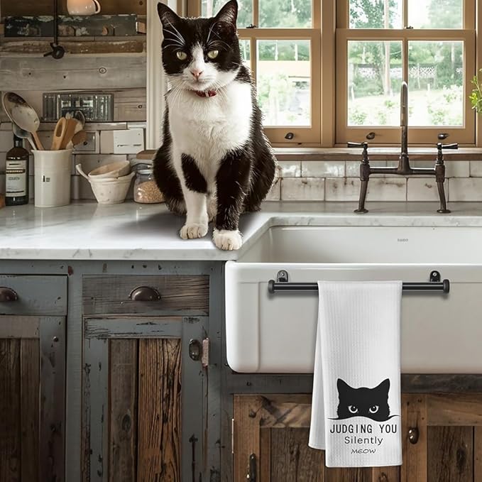 Silent Judgement Cat Kitchen Towels - Quick-Dry Whimsical Observer Feline Art Hand Cloth, Decorative Dish Towel with Observing Pet Design for Cat Ladies & Pet Moms | Amusing Home Accent & Novelty Gift