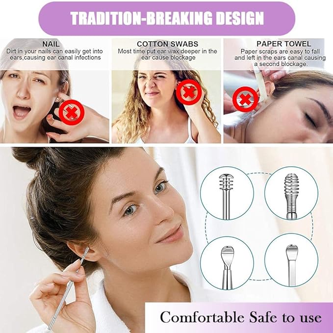 6 Pcs Ear Pick Ear wax Removal Kit Cleansing Tool Set Curette Cleaner 360° Spiral Design Canal Cleaner Stainless Steel,with a Storage Box Portable Kit for Home and Travel(Purple) 11.7*2.8*2cm