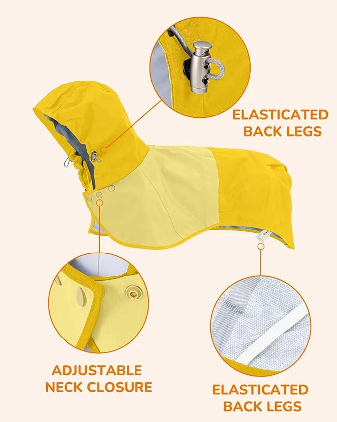 Waterproof Dog Raincoat with Hood, Extended Coverage Rain Jacket for Large Dogs, Wind-Resistant Secure Fit with Leg Straps, Reflective, Leash Hole, Easy Hook & Loop Fastener On/Off, Yellow, L
