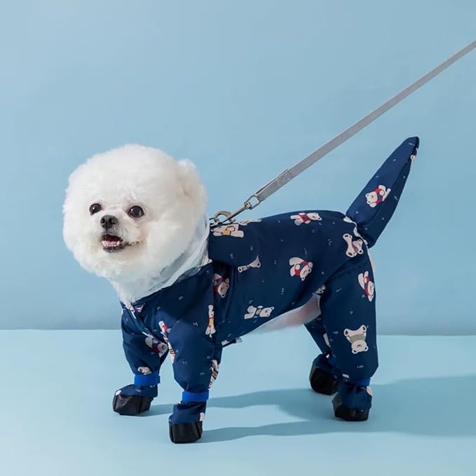 Small Dog Raincoat, Tail Protect Feet Cover Waterproof Dog Rain Jacket Dog Rain Coat for Puppy Small Dogs (Navy Bear,XS)
