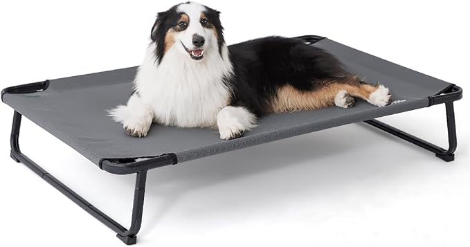 Made4Pets Outdoor Elevated Dog Bed for Large Dogs - Cooling Raised Pet Cot with Skid-Resistant Feet, Tool-Free Setup, Chew-Resistant Frame, Washable Mesh Hammock, Indoor & Outdoor Use, 42"x28", Gray