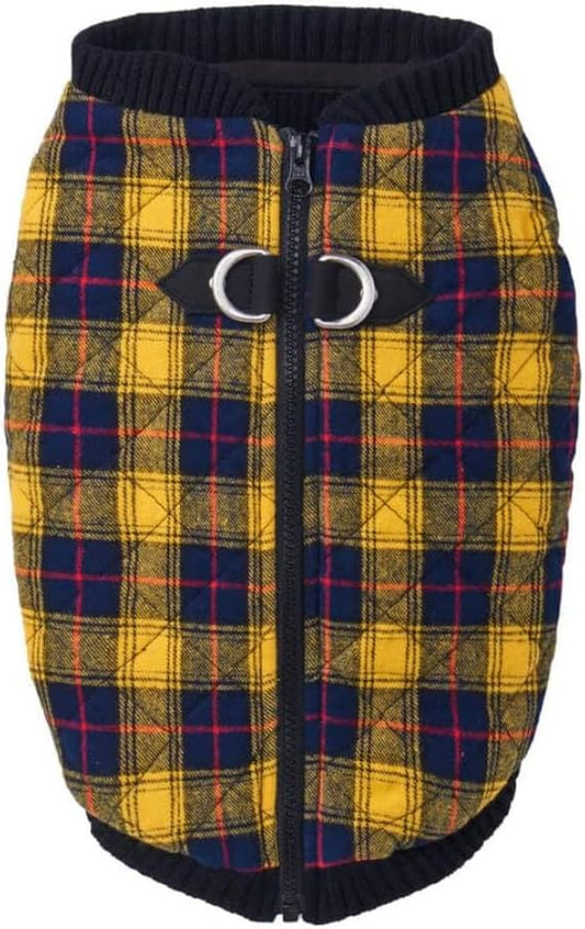 Gooby Fashion Vest Check Dog Jacket - Yellow Check, X-Large - Warm Zip Up Dog Bomber Vest with Dual D Ring Leash Water Resistant for Small to Medium Dogs