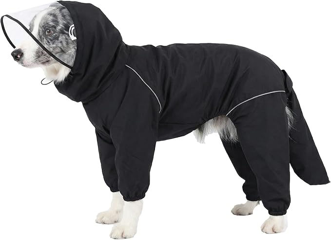Dog Raincoat for Medium Large Dogs,rain Jacket Coat, Full Leg Coverage Waterproof Rain Suit with Detachable Hood & Tail, Reflective Strips, Snag-Free Top Zipper (Black for Boy, Small)