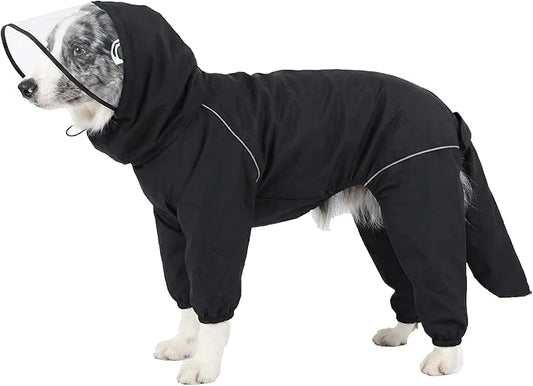 Dog Raincoat for Medium Large Dogs,rain Jacket Coat, Full Leg Coverage Waterproof Rain Suit with Detachable Hood & Tail, Reflective Strips, Snag-Free Top Zipper (Black for Girl, Small)