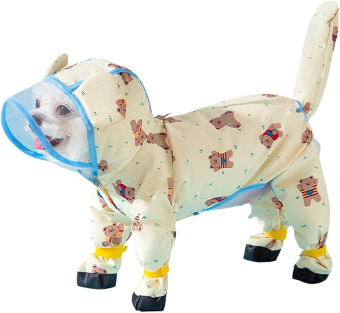 Small Dog Raincoat, Tail Protect Feet Cover Waterproof Dog Rain Jacket Dog Rain Coat for Puppy Small Dogs (Yellow Beaar,S)