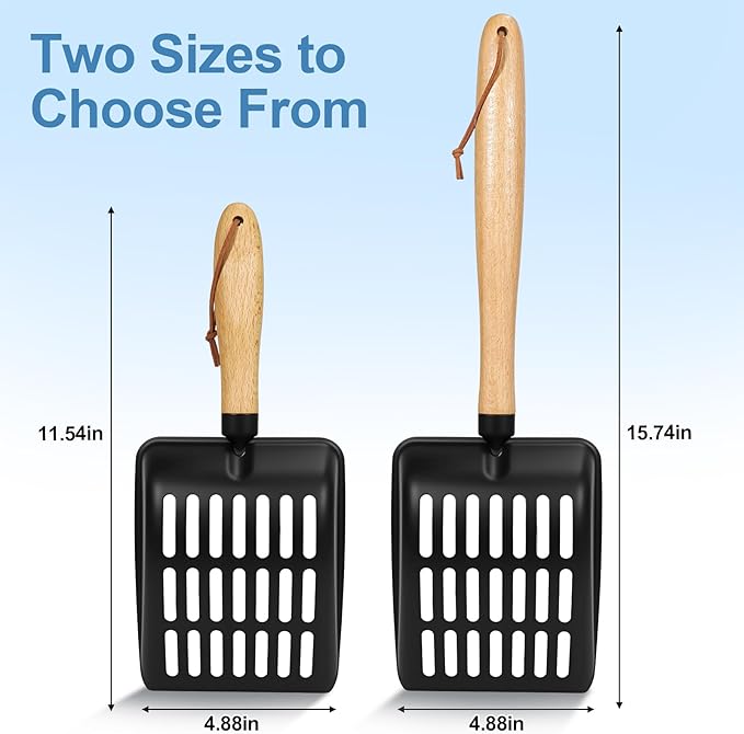 Cat Litter Scoop, Metal Litter Scoop, Heavy Duty Metal Cat Scooper for Litter Box, Black Sifter Scoop for Pellets, Wooden Handle Scoop with Hole, Kitty Necessity (Cat Litter Scoop Short)