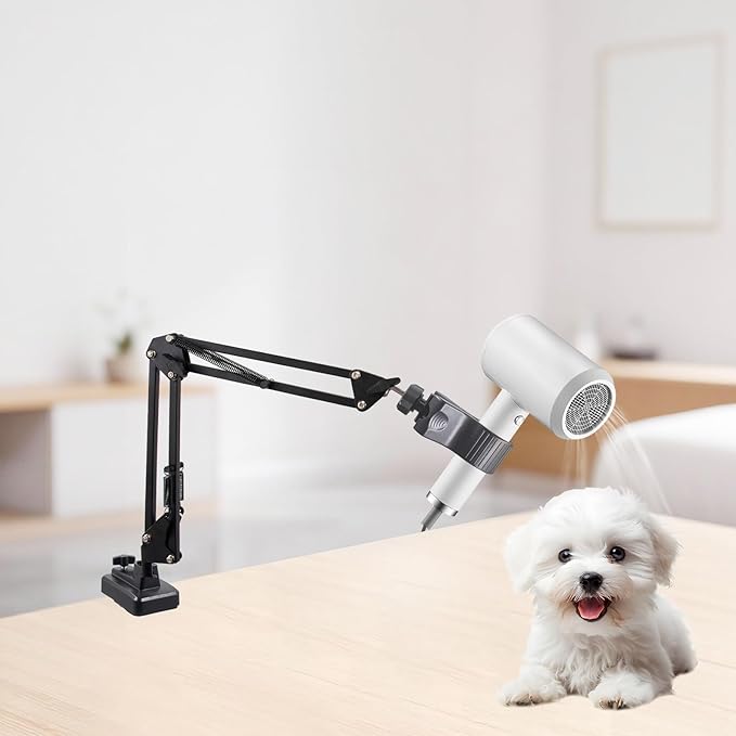 Hair Dryer Holder, 360° Rotating Hands-Free Dog Blow Dryer Stand, Adjustable Clamp-on Lazy Bracket, for Home & Salon Dog Cat Grooming