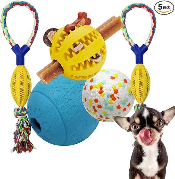 Dog Ball Toy Set 5 for Puppy and Small Dog Rubber Teething Ball, Dog Enrichment Toys Chewer for Boredom and Brain Stimulating Game to Keep Them Busy.(Blue/Yellow/Multi)