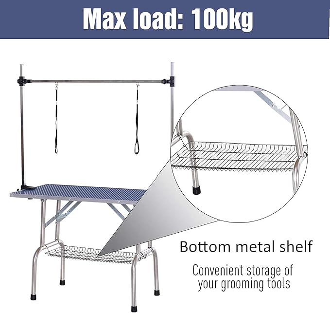 Pet Dog Grooming Table, Foldable Stainless Steel Pet Drying Grooming Table Up to 330lbs, Professional Bathing Desk for Dogs at Home with Adjustable Overhead Arms, Noose, Mesh Tray, 36''/Blue