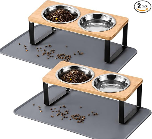 2 Pack Elevated Cat Bowls with Food Mat,15°Tilted Stand Anti Vomiting Raised Cat Dishes for Food and Water,2 Stainless Steel Bowls for Cats and Puppy