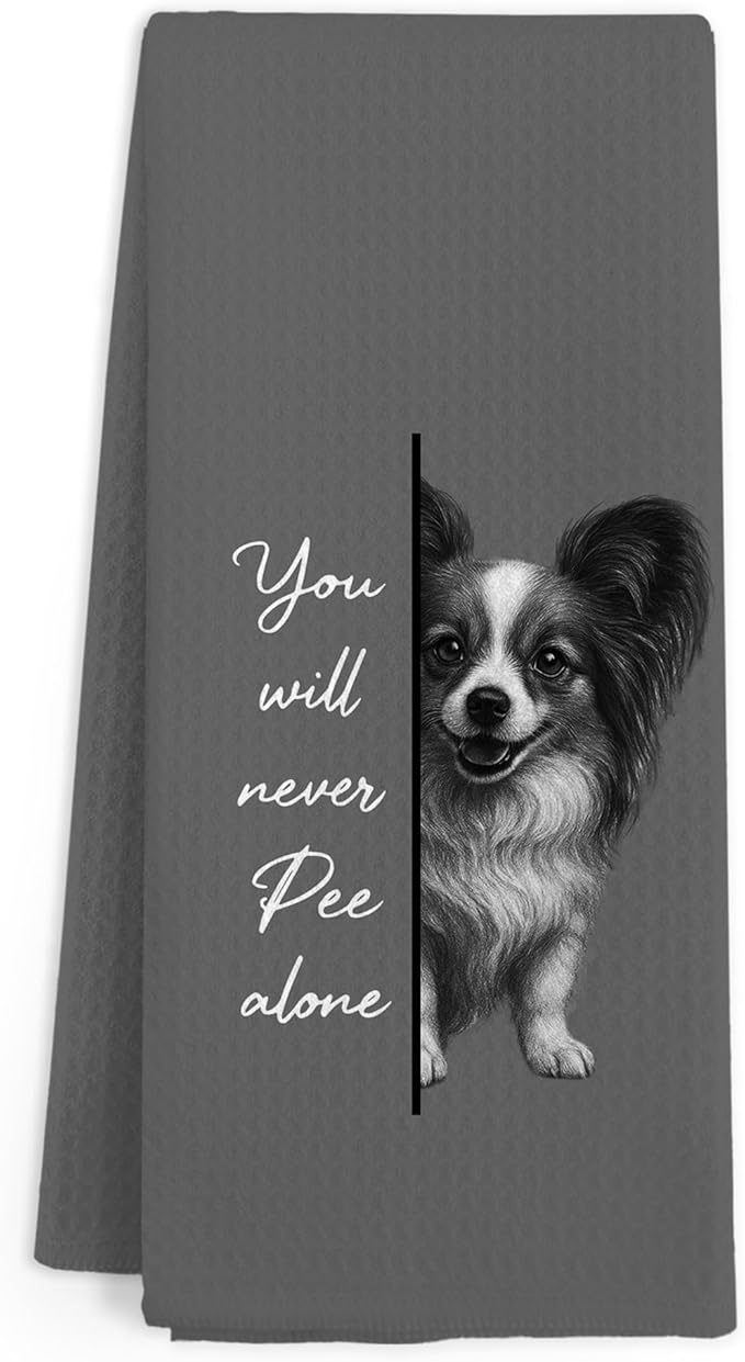 Funny Papillon Dog Hand Towels for Bathroom, Ou Will Never Pee Alone Hand Towels, Dogs Themed Dish Tea Towel for Kitchen Bathroom Decor, Papillon Dog Gifts for Women Men Dogs Lovers, 16x24 Inch