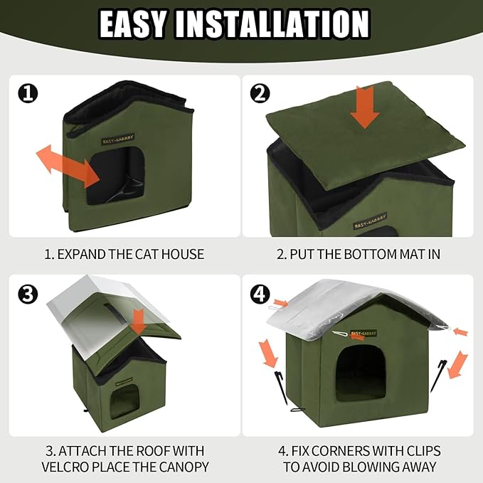 Rest-Eazzzy Cat House for Outdoor Cats, Weatherproof and Insulated Feral Cat House with Mat and Clip, Easy to Put Together, Selfwarming Cat Shelter for Summer(Olive Green, Canopy House X 1)