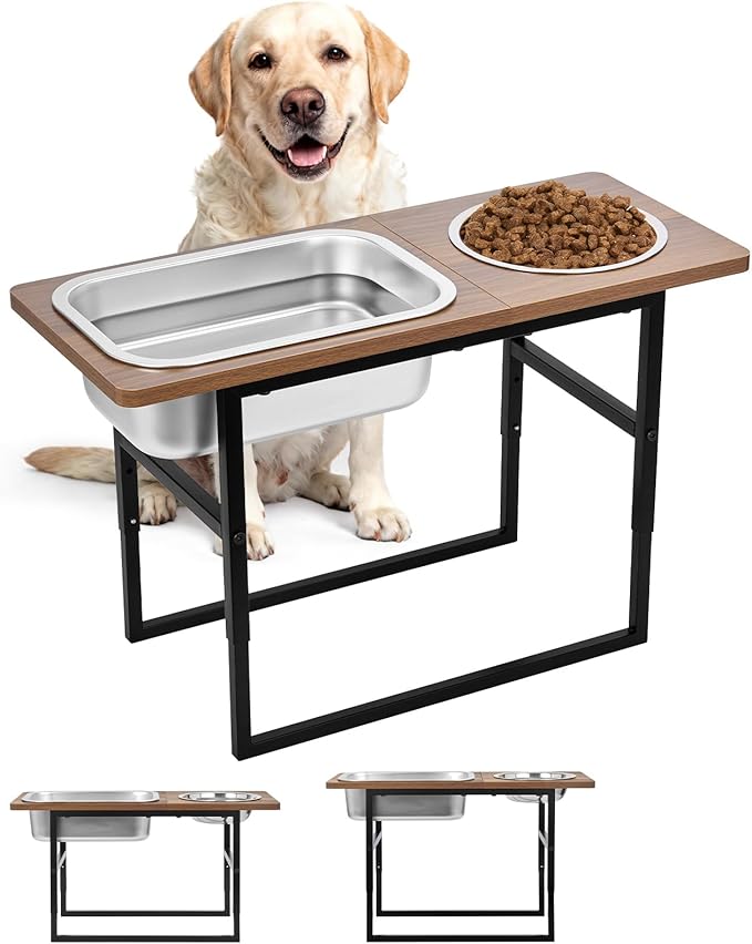 Elevated Dog Bowls for Large and X-Large Breed, 2 Stainless Steel Bowls, 2 Adjustable Heights 14" or 12" Raised Dog Water and Food Bowl with Metal Stand (Upgraded Extra-Large Water Bowl)